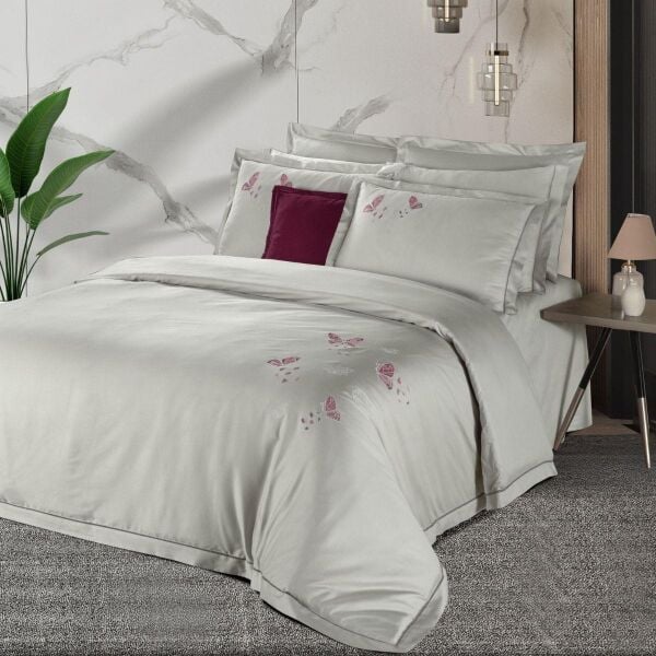 Sarev Papılıo Saten Nevresim Takımı Çift Kişilik 4 Yastık Gri