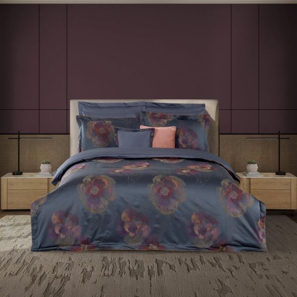 Sarev İrene Saten  Nevresim Takımı Çift Kişilik 4 Yastık-Mavi