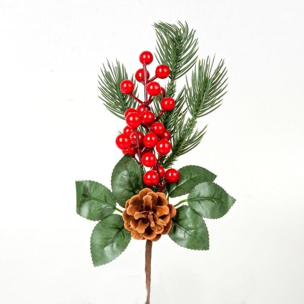 Yılbaşı Çiçek Pike Berry Kozalak Dekorlu Kırmızı-Yeşil
