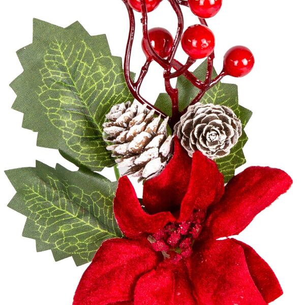 Yılbaşı Çiçek Pike Berry Puansetyalı Karlı Kozalaklı Kırmızı-Yeşil 30 cm