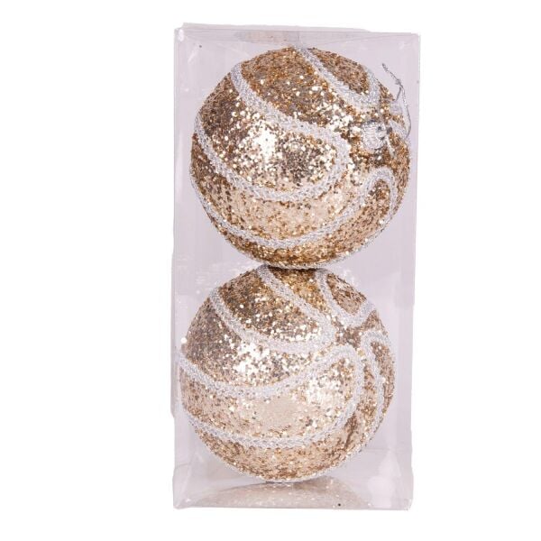 Yılbaşı Topu Pullu Beyaz Simli Dantel Şeritli 2 li Paket Şampanya 9 cm