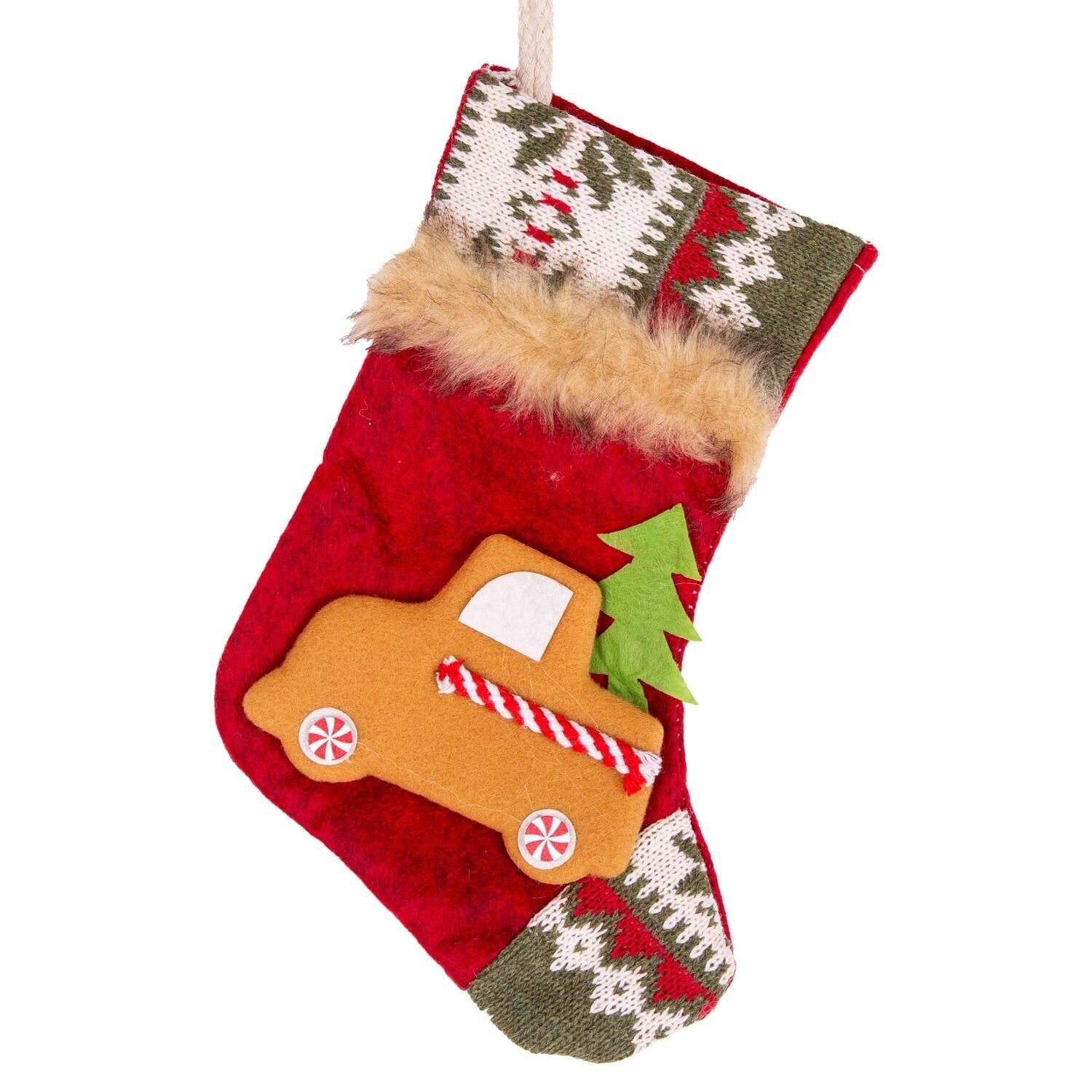 Yılbaşı Ağaç Süsü Kırmızı Çorap Araba Figürlü Kırmızı 15x24 cm