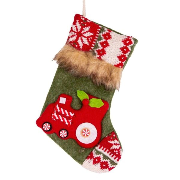 Yılbaşı Ağaç Süsü Çorap Tren Figürlü Yeşil 15x24 cm