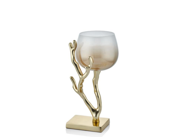 Lamedore Gold Branch Serisi Küçük Pillar Mumluk 15 x 15 x 30 Cm