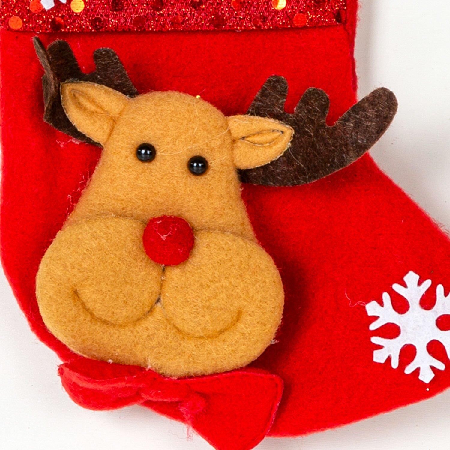 Yılbaşı Süsü Çorap Parlak Pullu Geyik Figürlü Kırmızı 12x16 Cm.