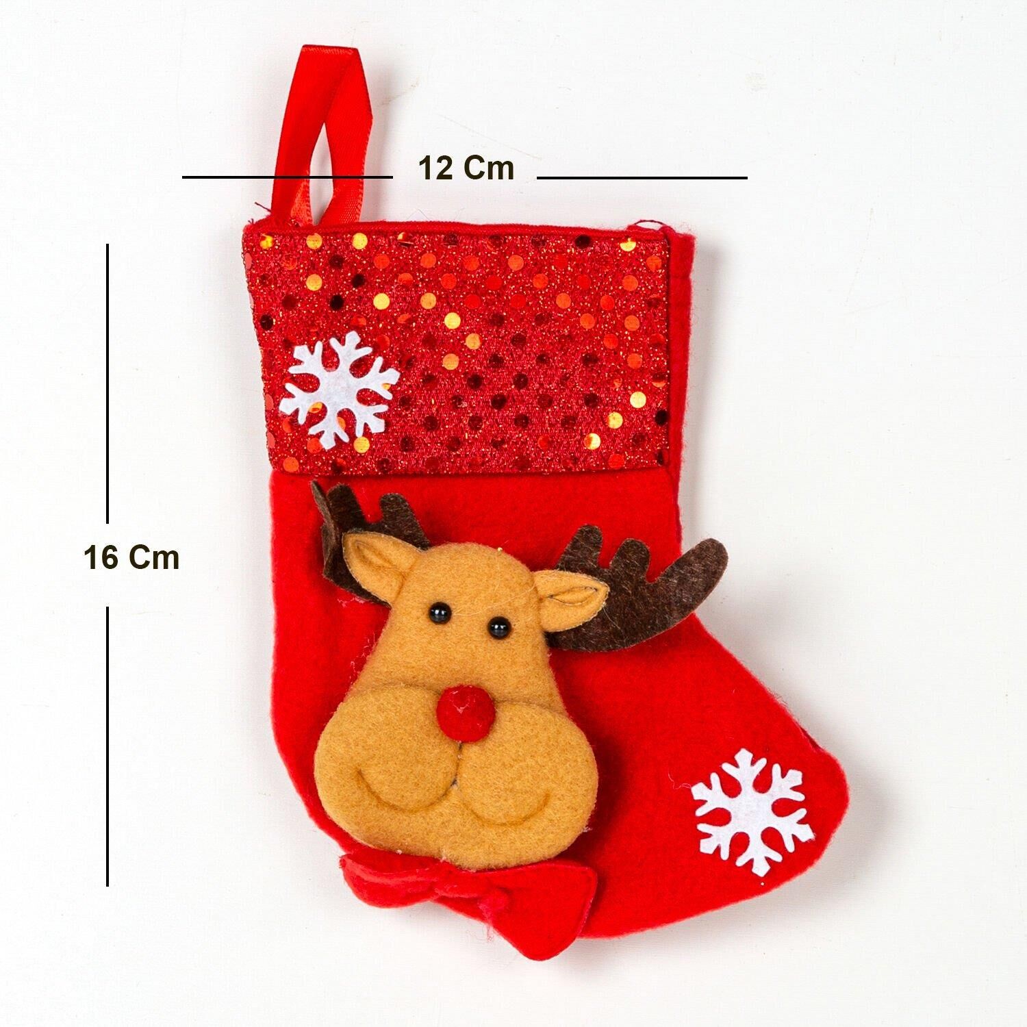 Yılbaşı Süsü Çorap Parlak Pullu Geyik Figürlü Kırmızı 12x16 Cm.