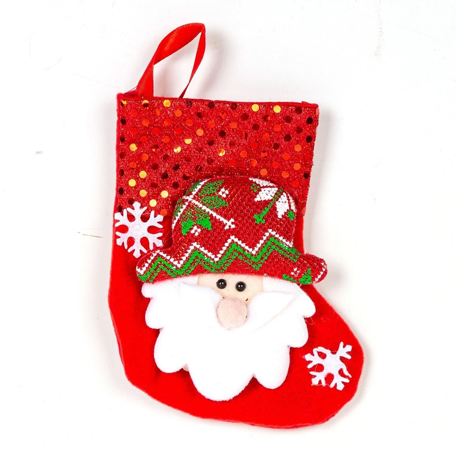 Yılbaşı Süsü Çorap Parlak Pullu Noel Baba Figürlü Kırmızı 12x16 Cm.