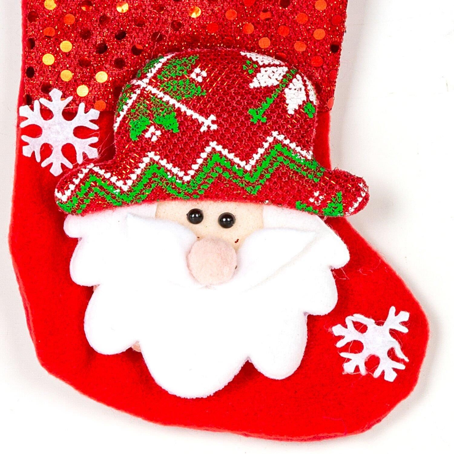Yılbaşı Süsü Çorap Parlak Pullu Noel Baba Figürlü Kırmızı 12x16 Cm.