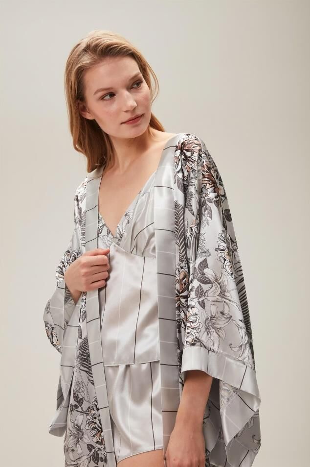 Nazik Home Zen Sabahlık Şort Büstiyer 3'lü Takım Gri M