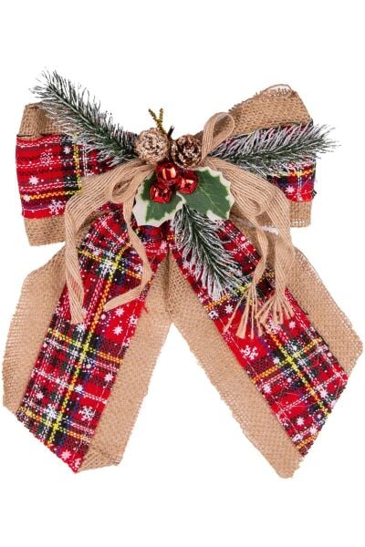 Yılbaşı Ağaç Süsü Yılbaşı Dekorlu Fiyonk Ekoseli Kırmızı 25x19 Cm