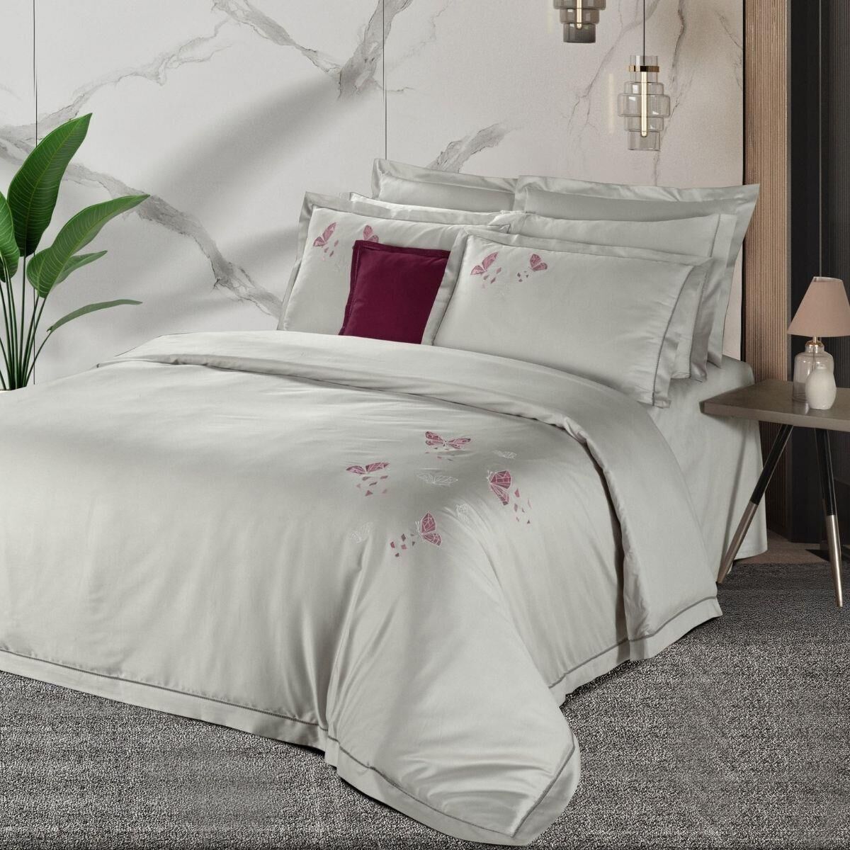 Sarev Papılıo Saten Nevresim Takımı King Size 4 Yastık Gri