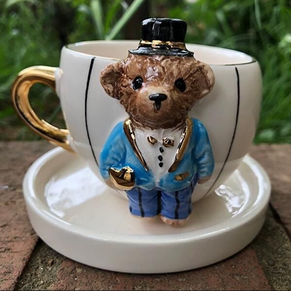 Magic Home Teddy Çizgili Damat Seramik Fincan Mavi