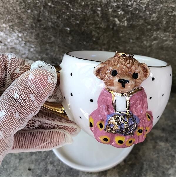 Magic Home Teddy Puantiyeli Gelin Seramik Fincan Pembe