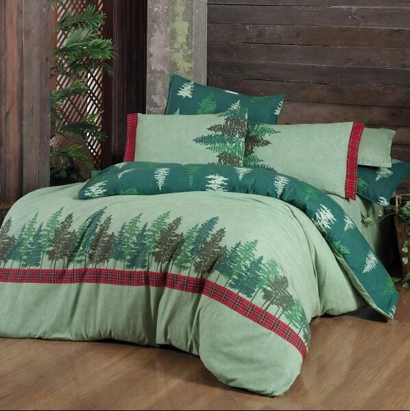Sarev Alba Flanel Nevresim Takımı Çift Kişilik 2 Yastık-Yeşil