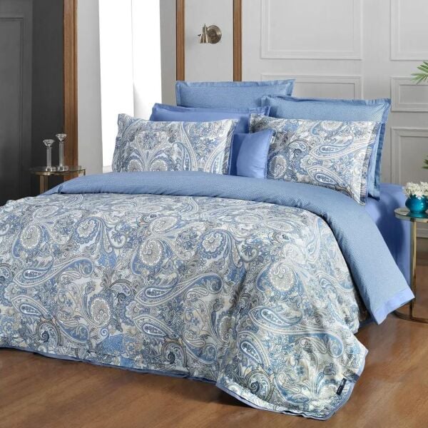 Sarev Volga Saten Nevresim Takımı Çift Kişilik 4 Yastık-Mavi