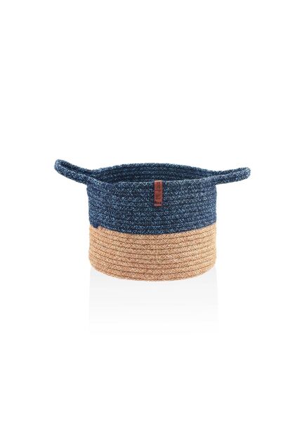 The Mia Jutte Kulplu Yuvarlak Sepet Bambu Lacivert 25x20 cm