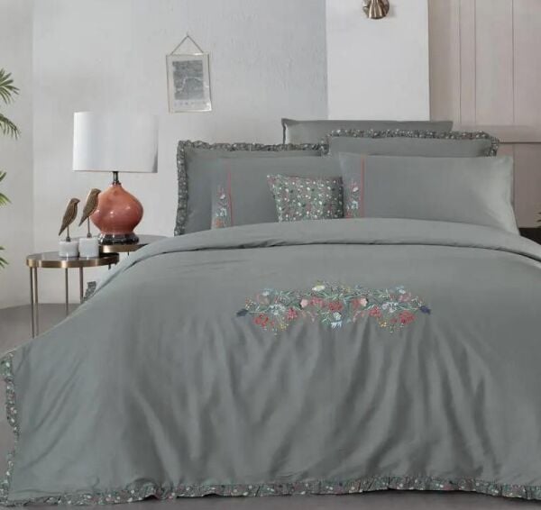 Sarev Nitra Saten Nevresim Takımı Çift Kişilik 4 Yastık-Gri