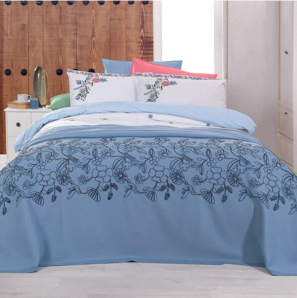 Sarev Eva Mia Çift Kişilik Pike Nevresim Seti 2 Yastık Mavi