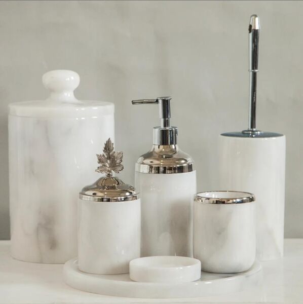 Ege Home YAB-07  Yeni Model  Afyon Beyaz Mermer 7'Ii Banyo Seti (Gümüş Aksesuar)