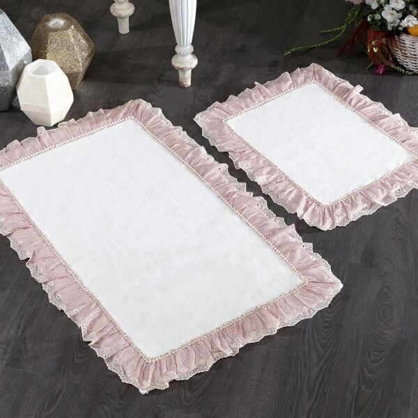 Nazik Home Kitty Çizgi Kumaşlı ve Dantelli 2'li Banyo Paspas Set-Pudra 60x100