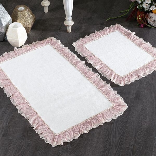 Nazik Home Kitty Çizgi Kumaşlı ve Dantelli 2'li Banyo Paspas Set-Pudra 60x100