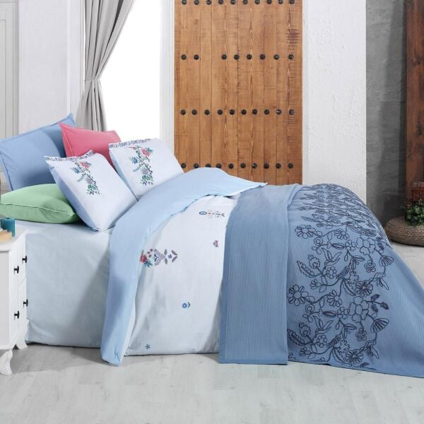 Sarev Eva Mia Tek  Kişilik Pike Nevresim Seti 1 Yastık Mavi