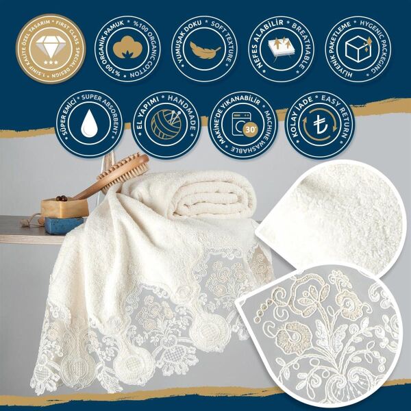 Nazik Home Rita Dantelli Pamuk Havlu-Krem 90x150