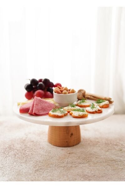 The Mia Marbre Mermer 25 cm Ahşap Ayaklı Beyaz Servis