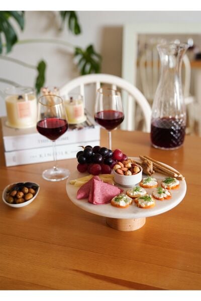 The Mia Marbre Mermer 25 cm Ahşap Ayaklı Beyaz Servis
