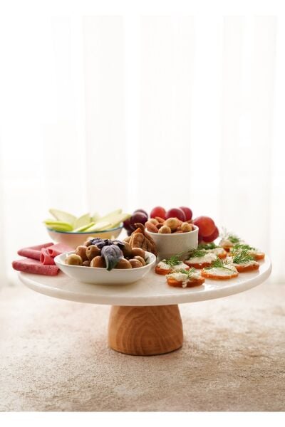 The Mia Marbre Mermer 28 cm Ahşap Ayaklı Beyaz Servis