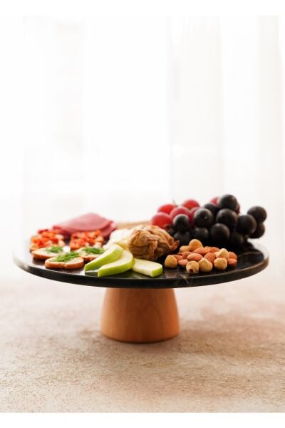 The Mia Marbre Mermer 25 cm Ahşap Ayaklı Siyah Servis