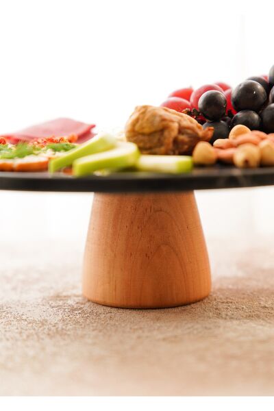 The Mia Marbre Mermer 25 cm Ahşap Ayaklı Siyah Servis