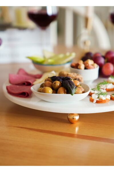 The Mia Marbre Mermer 30 cm Boncuk Ayaklı Beyaz Servis