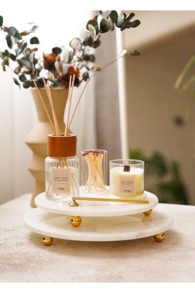 The Mia Marbre Mermer 30 cm Boncuk Ayaklı Beyaz Servis