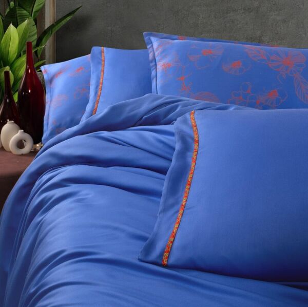 Sarev Adi Mavi Tencel Nevresim Takımı Çift Kişilik 4 Yastık