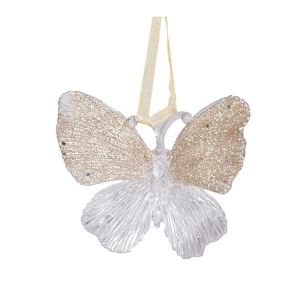 Yılbaşı Süsü Kelebek Akrilik Cam Şampanya Rengi 11x10 Cm.