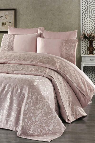 Nazik Home Blenda Dantelli Nevresim Takımı ve Pike 7 Parça Seti Pudra Çift Kişilik