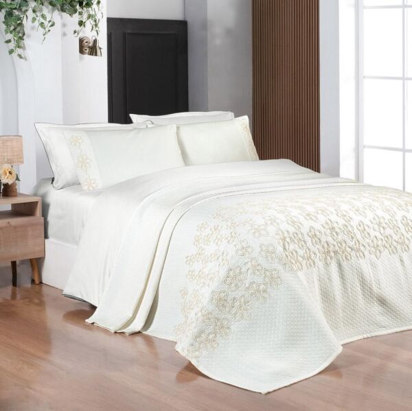 Sarev Shida Havlulu Wedding Pike Seti Çift Kişilik Ekru