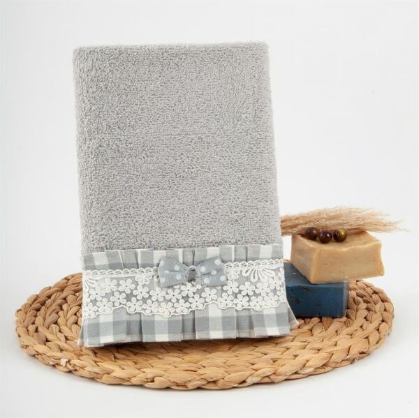 Nazik Home Lucca Pötikare Kumaşlı Dantelli Ve Fiyonklu Havlu Gri 50X80