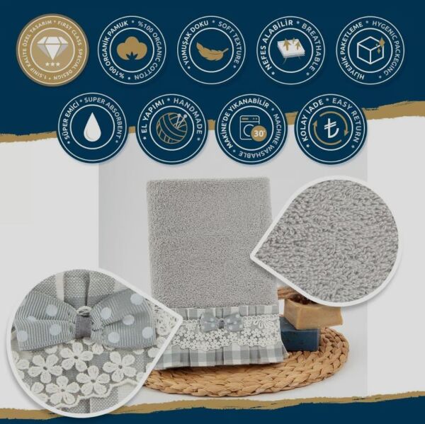 Nazik Home Lucca Pötikare Kumaşlı Dantelli Ve Fiyonklu Havlu Gri 50X80
