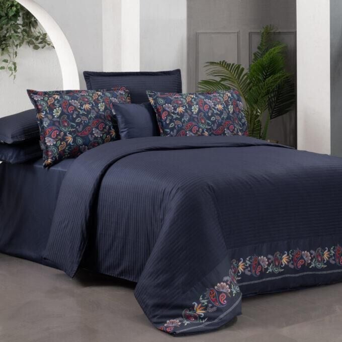 Sarev Tirol Saten Nevresim Takımı King Size 4 Yastık-Lacivert