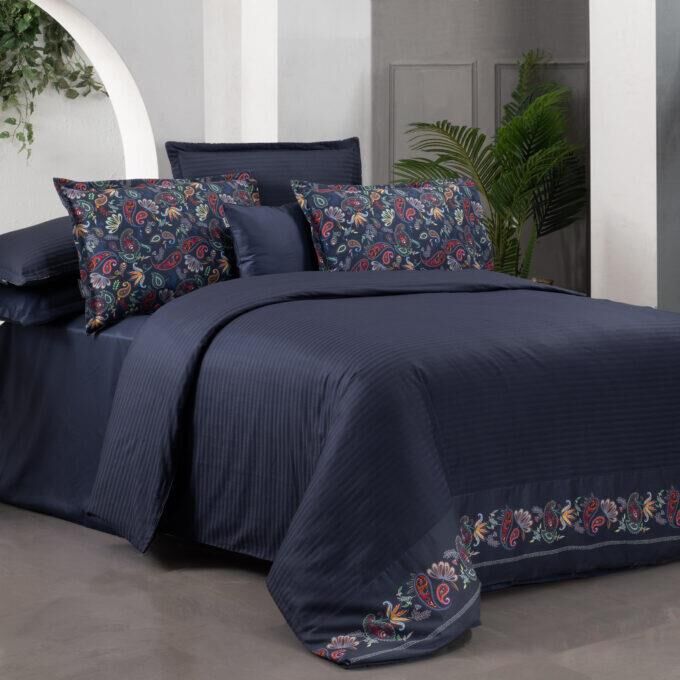 Sarev Tirol Saten Nevresim Takımı King Size 4 Yastık-Lacivert