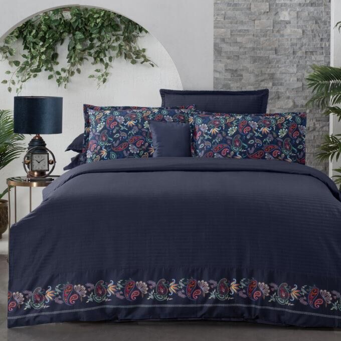 Sarev Tirol Saten Nevresim Takımı King Size 4 Yastık-Lacivert
