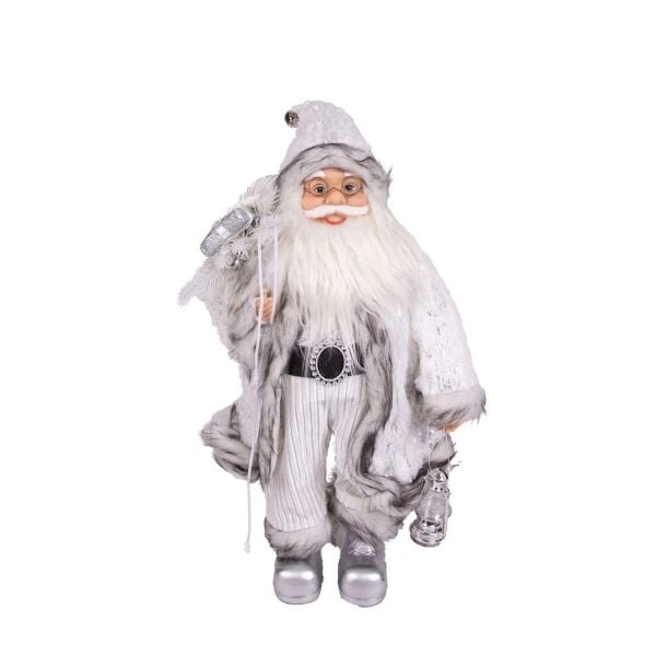 Yılbaşı Noel Baba Beyaz Hediye Çuvallı Fenerli Gümüş Gri 45 Cm.