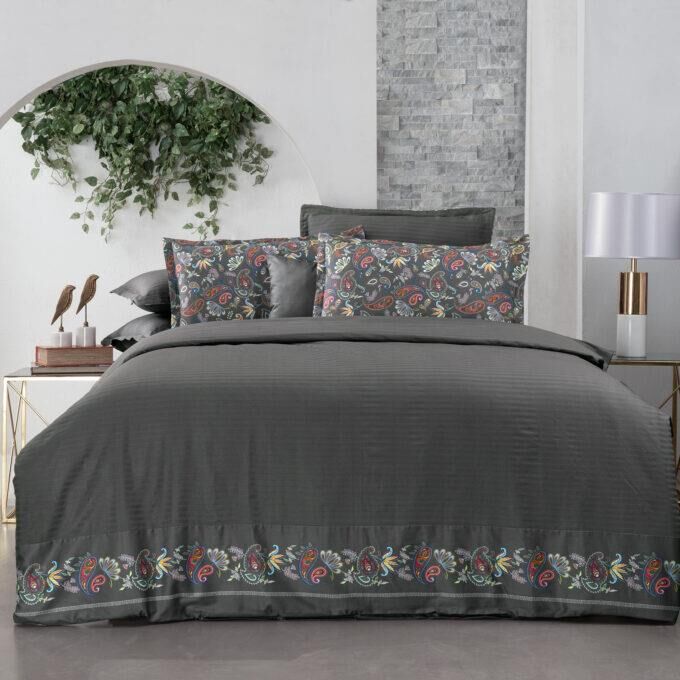 Sarev Tirol Saten Nevresim Takımı King Size 4 Yastık-Gri