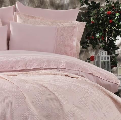 Nazik Home Estina Dantelli Nevresim, Jakar Desenli Yatak Örtüsü 9 Parça Çeyiz Seti Pudra Çift Kişilik