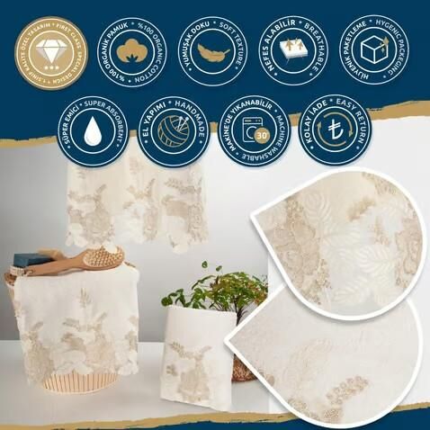 Nazik Home Floransa Dantelli Pamuk Havlu Krem 90X150