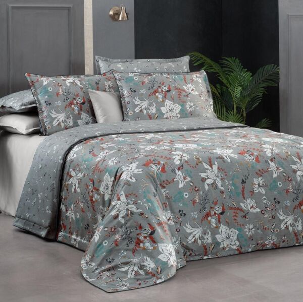 Sarev Portlan Saten Nevresim Takımı Çift Kişilik 4 Yastık-Gri