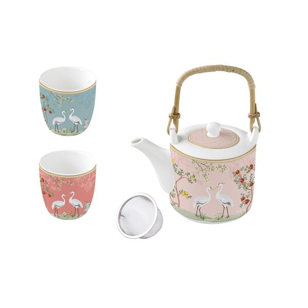 Easy Life Jardin de Reves Porselen Çaydanlık 600 ml Metal Demlikli ve 2 Fincanlı 160ml