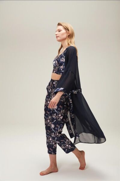 Nazik Home Mia Sabahlık Pantolon Büstiyer 3'lü Takım Lacivert L